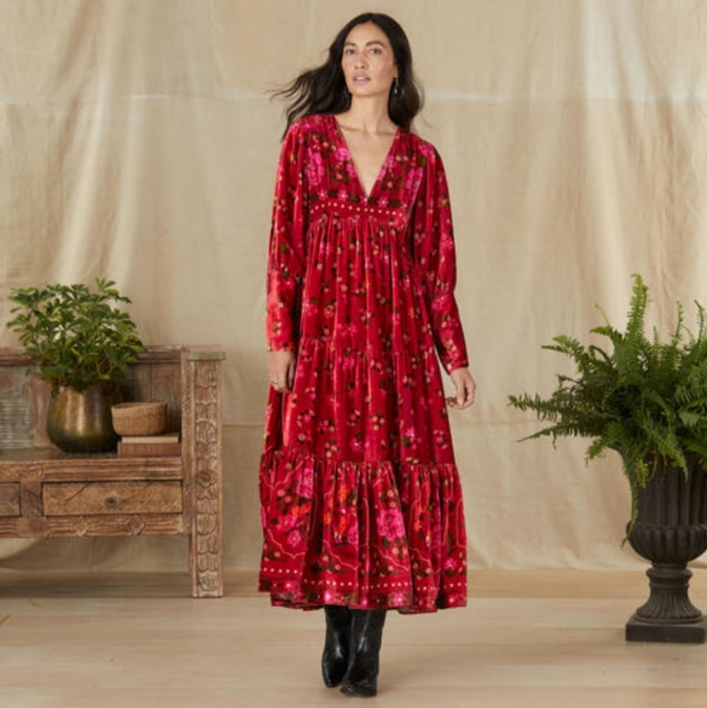 Farm Río Anthropologie Paramour Romantic Garden Velvet Red Floral Maxi Dress